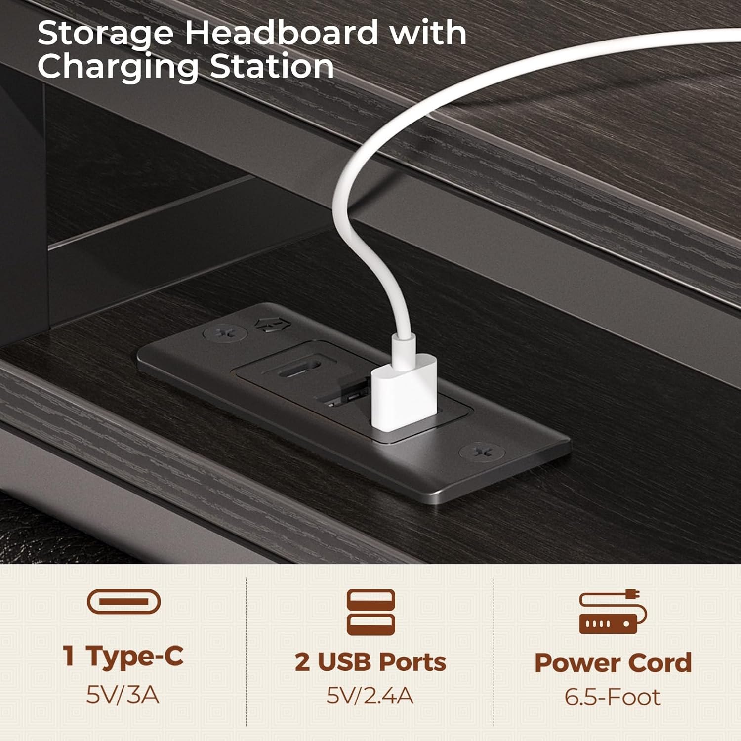 Close-up of the headboard's charging station with a USB-C cable plugged in, showing 2 USB-A ports and 1 USB-C port.