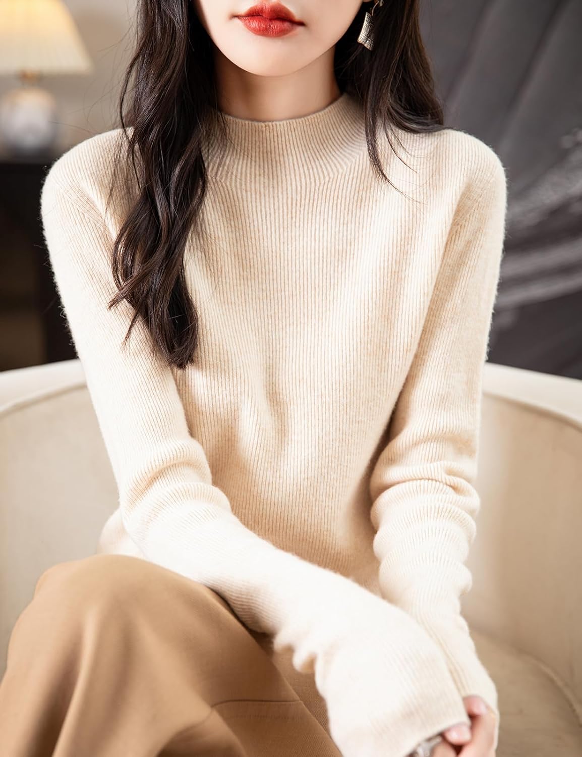 Chanyarn Women's 100% Merino Wool Seamless Sweater Mock Neck First-Line Ready to Wear Long Sleeve Ribbed Knit Pullover