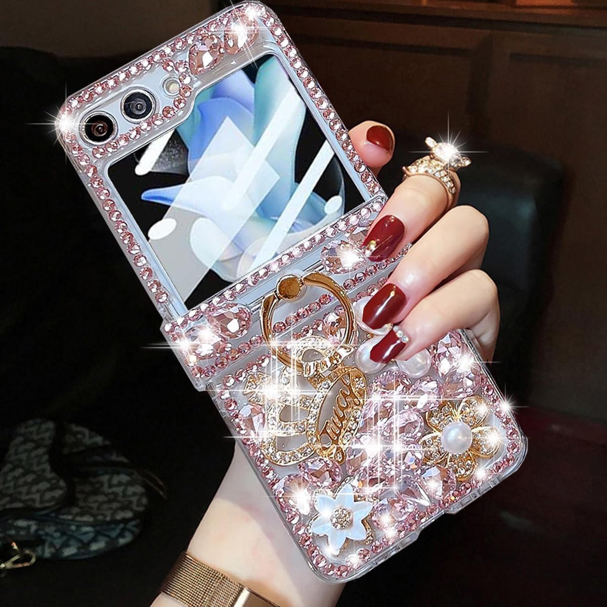 Changjia for Samsung Galaxy Z Flip 6 Glitter Case with Hinge Protection Ring Holder,Cute Luxury 3D Crown Bling Sparkle Crystal Rhinestone Diamond Gems Women Girls Case for Galaxy Z Flip 6 5G (Pink)