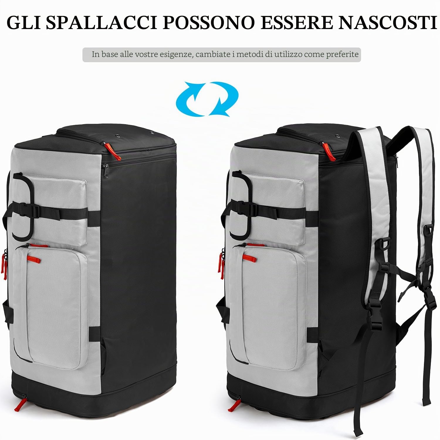 Borsone Palestra Uomo Donna 70L Borsa Sportiva Viaggio Grande con Porta Scarpe e Funzione Zaino per Fitness, Sport, Viaggi, Grigio