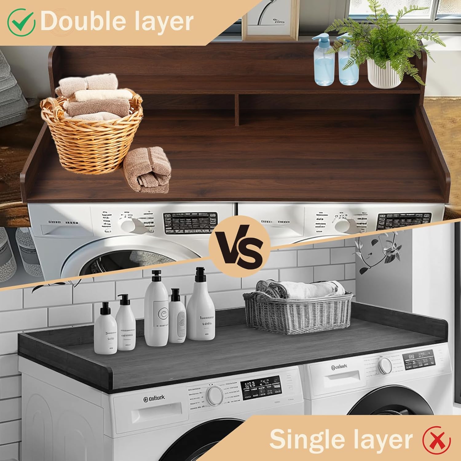 Washer and Dryer Countertop, 2 Tier Laundry Room Wood Countertop with 6*Anti-Slip Mats, Laundry Topper for Washer and Dryer for Folding Clothes, 54" W*27.5" D*12" H (Dark Walnut)