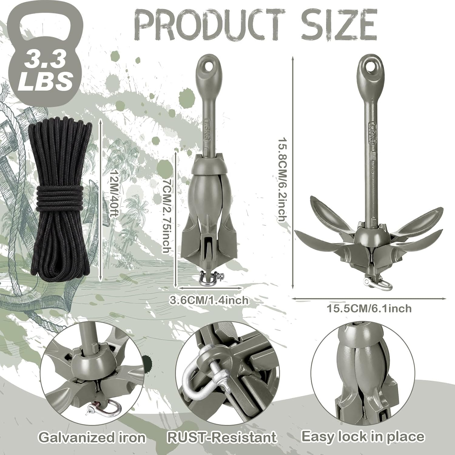 MorningRo 1 Pack 1.5/3.5 lb Marine Kayak Anchor Kit with 40ft Rope and Buoy Folding Grapnel Boat Anchor Kit Kayak Fishing Accessories for Small Boats, Canoe, SUP Paddle Boards