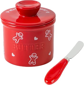Ceramic Butter Crock with Spreader Knife, Cute French Butter Dish with Lid, Porcelain Butter Keeper for countertop, Round Butter Container, Butter Jar for Kitchen Christmas Red, Standard