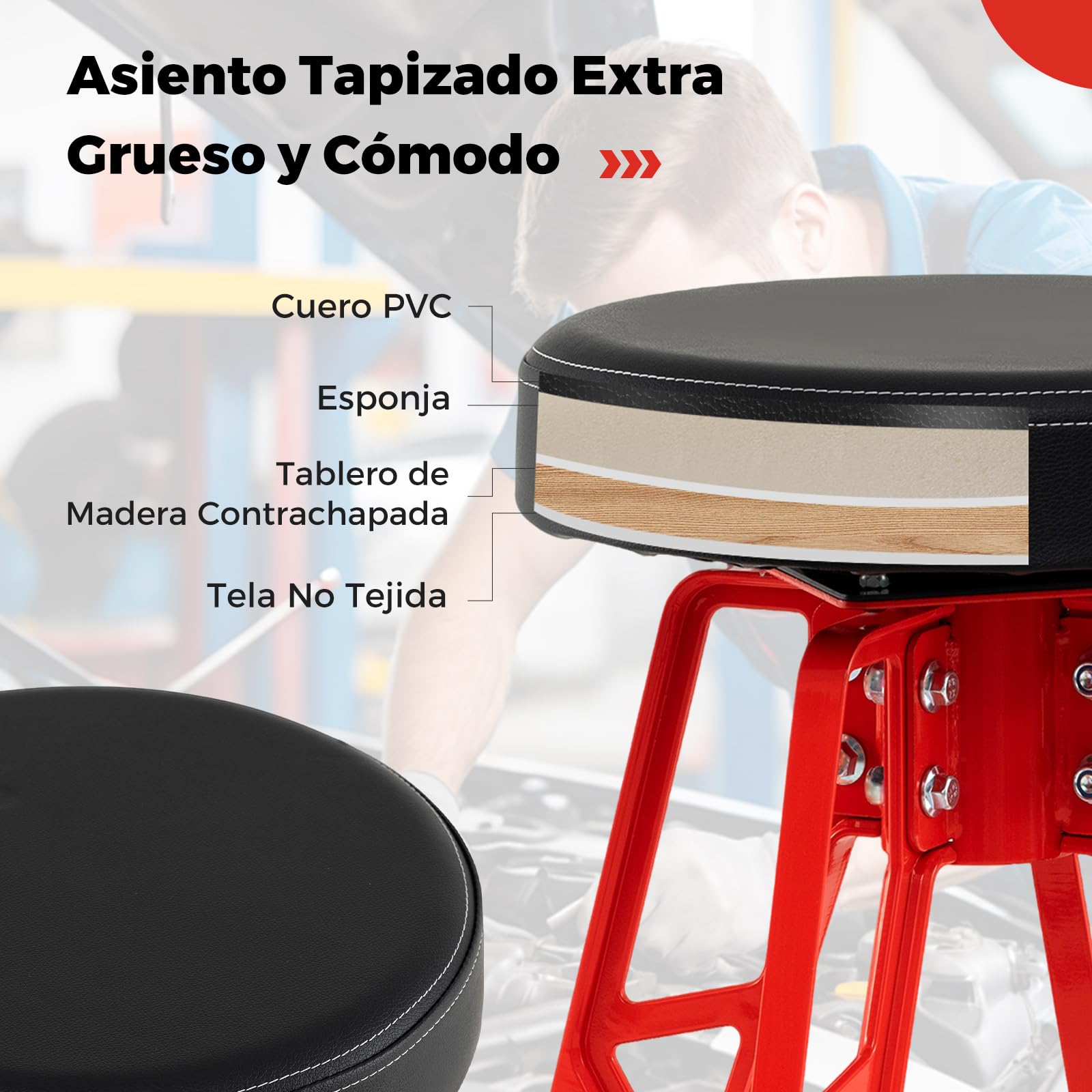 COSTWAY Taburete Mecánico Alto, Taburete de Taller de Aluminio con Asiento Giratorio de 360°, Silla Acolchado con Reposapiés para Taller, Sala de Herramientas, Reparación de Autos, Capacidad de 180 kg