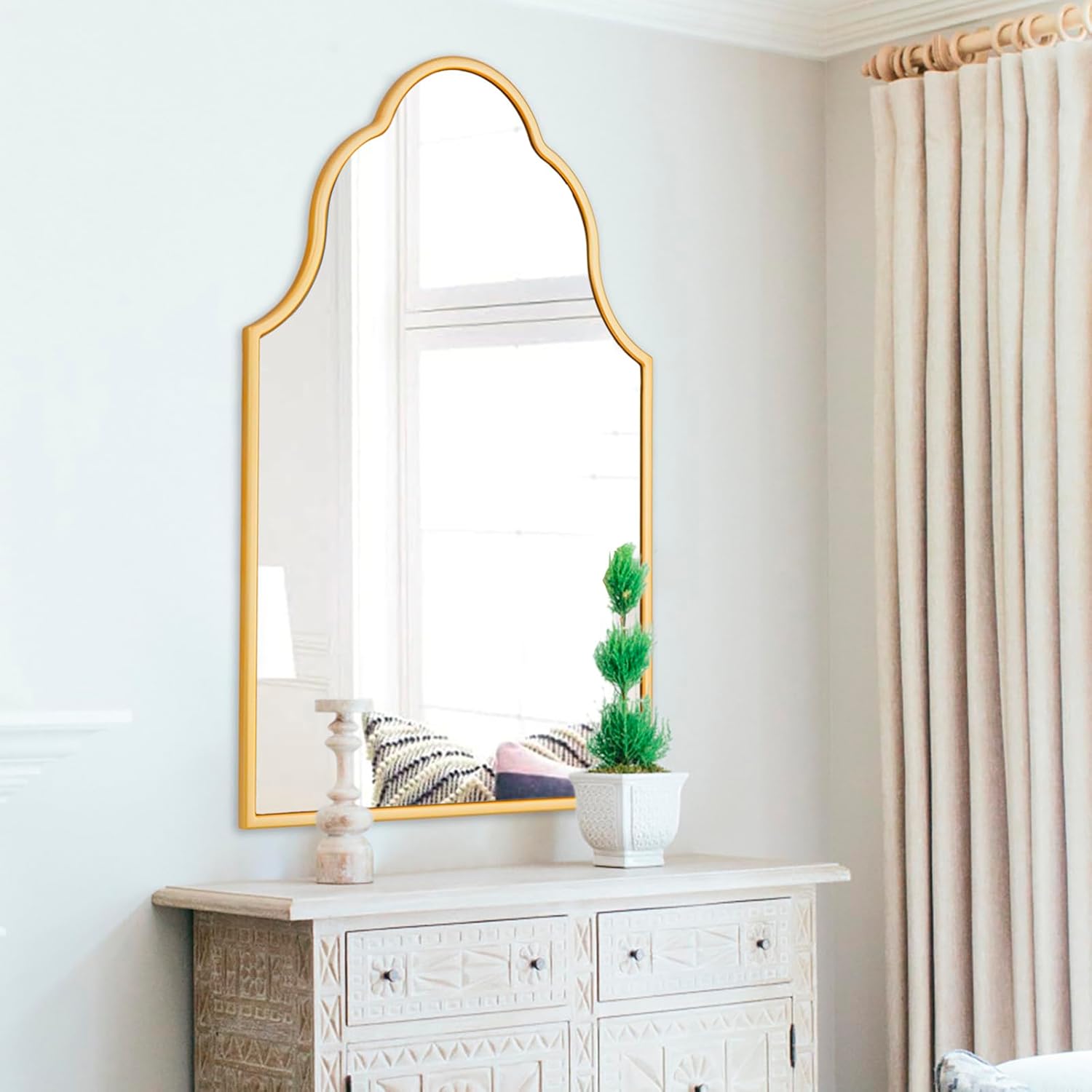 Chende Gold Bathroom Mirror with Wooden Frame, 36"X24" Arched Mirror for Living Room Decor, Modern Scalloped Mirror for Entryway, Dining Room, Bedroom