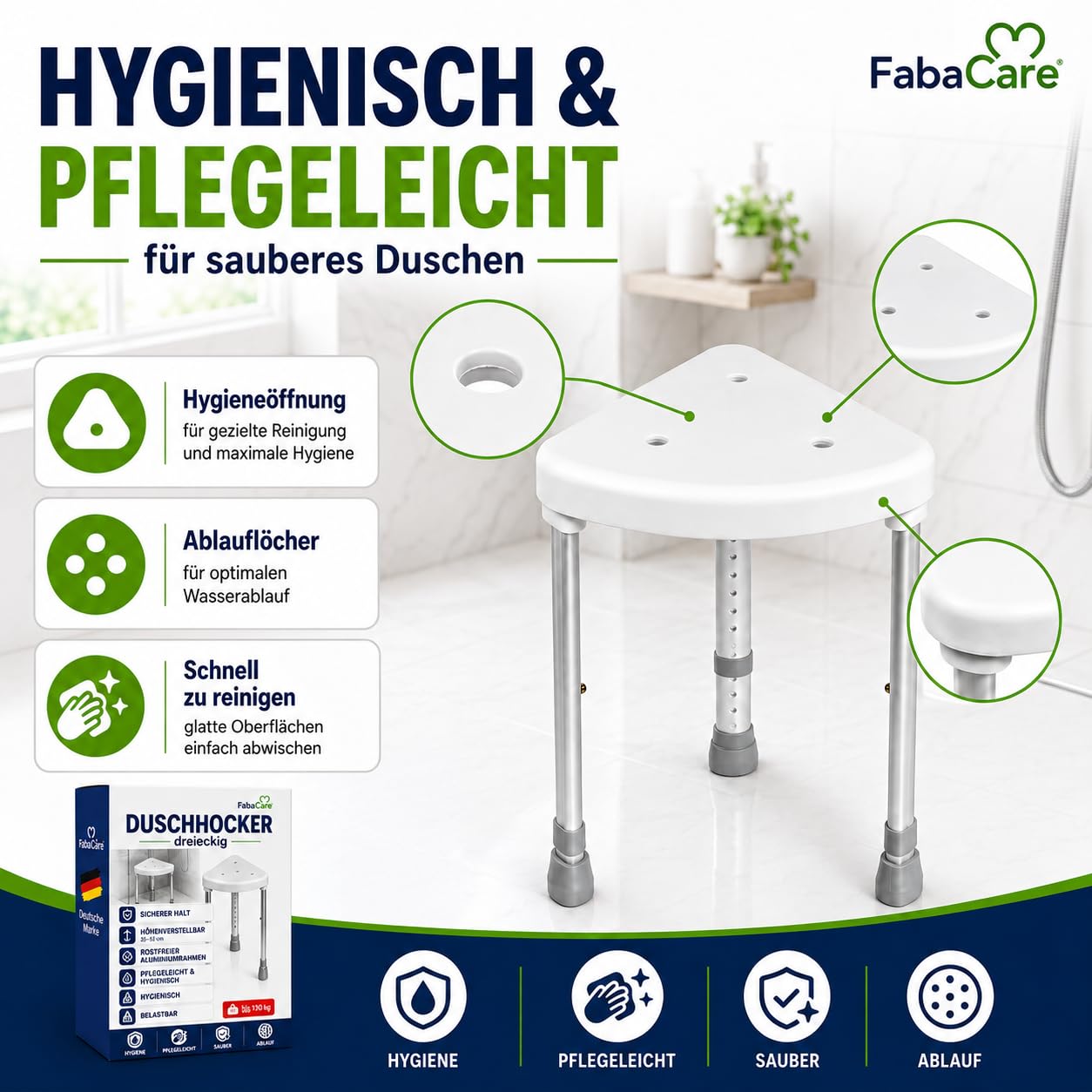 FabaCare Duschhocker dreieckig höhenverstellbar bis 150 kg