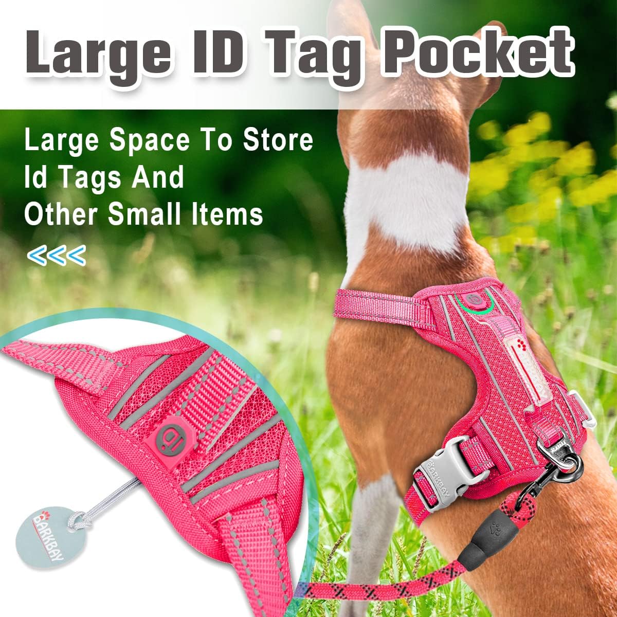 BARKBAY No Pull Dog Harness Front Clip Heavy Duty Reflective Easy Control Handle for Large Dog Walking with ID tag Pocket(Pink,M)