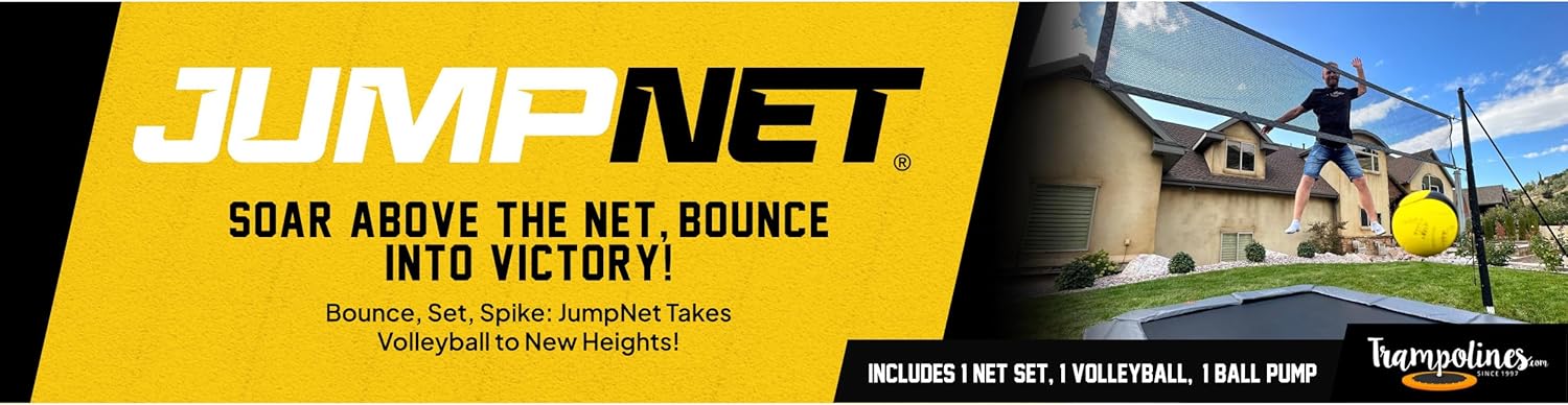 JUMPNET Adjustable Volleyball & Pickleball Net for Trampolines Multi-Sport Net System, Compatible with 10FT Wide Rectangle Inground Trampolines –Includes Ball, Pump, Easy Setup for Backyard Family Fun