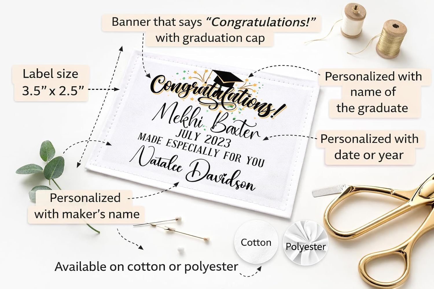 Personalized Graduation Quilt Label – Custom “Congratulations” Quilt Label with Name, Date & Maker – Cotton Fabric Label with Featherweight HeatnBond – 3.5" x 2.5"