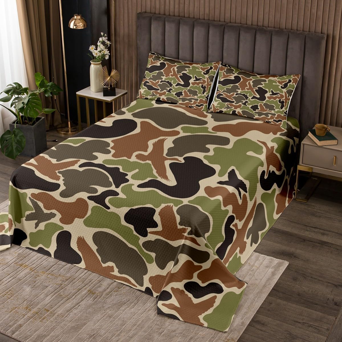 Feelyou Duck Hunter Green Camouflage Hunting Bedspread Twin Size Kids Black Brown Quilted Coverlet for Boys Teens Camo Army Coverlet Set Breathable Wild Quilted Room Decor