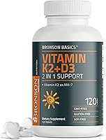Vista 1 de Bronson Suplemento de Vitamina K2 D3 (MK7) Fórmula No-GMO Vitamina D3 5000UI (125 mcg) & 90 mcg K2 MK-7, Complejo D & K Fácil de Tragar, 120 Tabletas