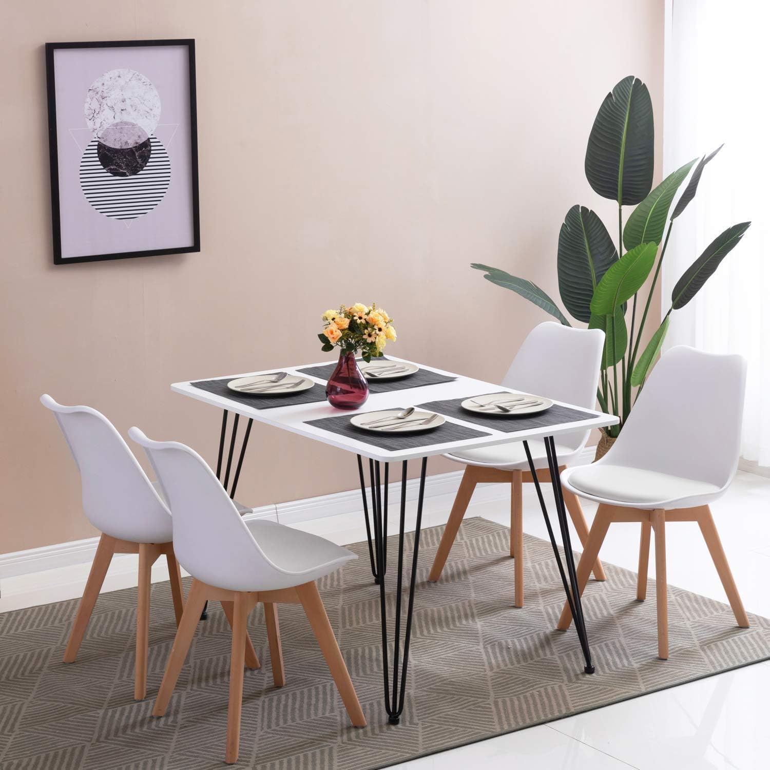 Sillas de Comedor, Sillas de Cocina con Respaldo Ergonómico, Asiento Acolchado Tapizado y Patas de Madera Maciza de Haya (Blanco, 4 Sillas)