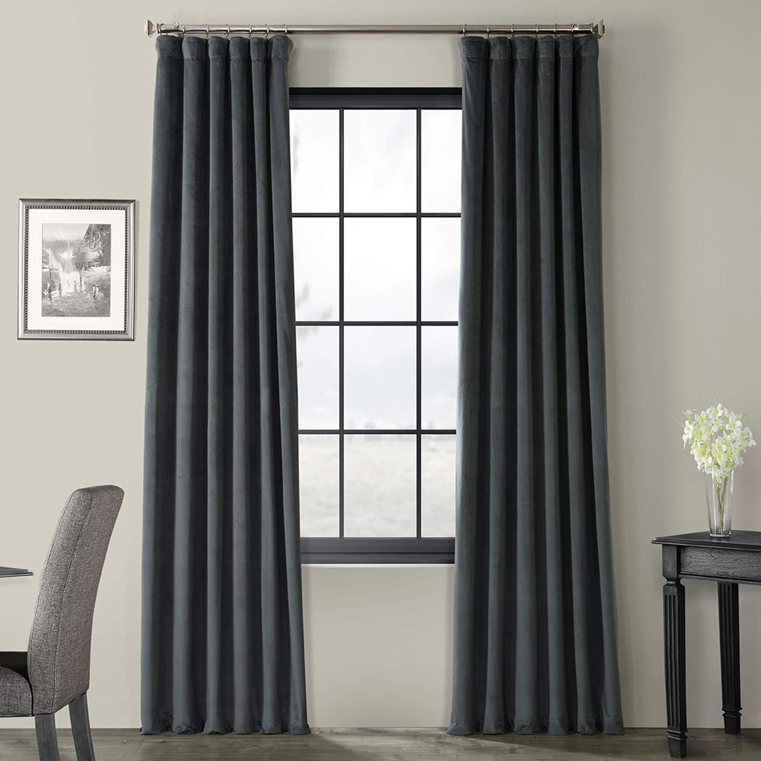 HPD Half Price Drapes Signature Blackout Velvet Curtains 108 Inches Long Heat & Full Light Blocking Blackout Curtain for Bedroom & Living Room (1 Panel), 50W x 108L, Distance Blue Grey