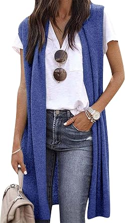 Womens Casual Sleeveless Open Front Cardigan Long Draped Sweater Vest Lightweight Cardigan