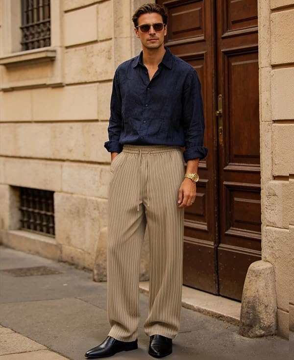 Susclude Mens Baggy Pinstripe Pants Pleated Drawstring Wide Leg Slacks Stylish Loose Fit Lightweight Casual Trousers Khaki by Susclude - Used condition - Image 3