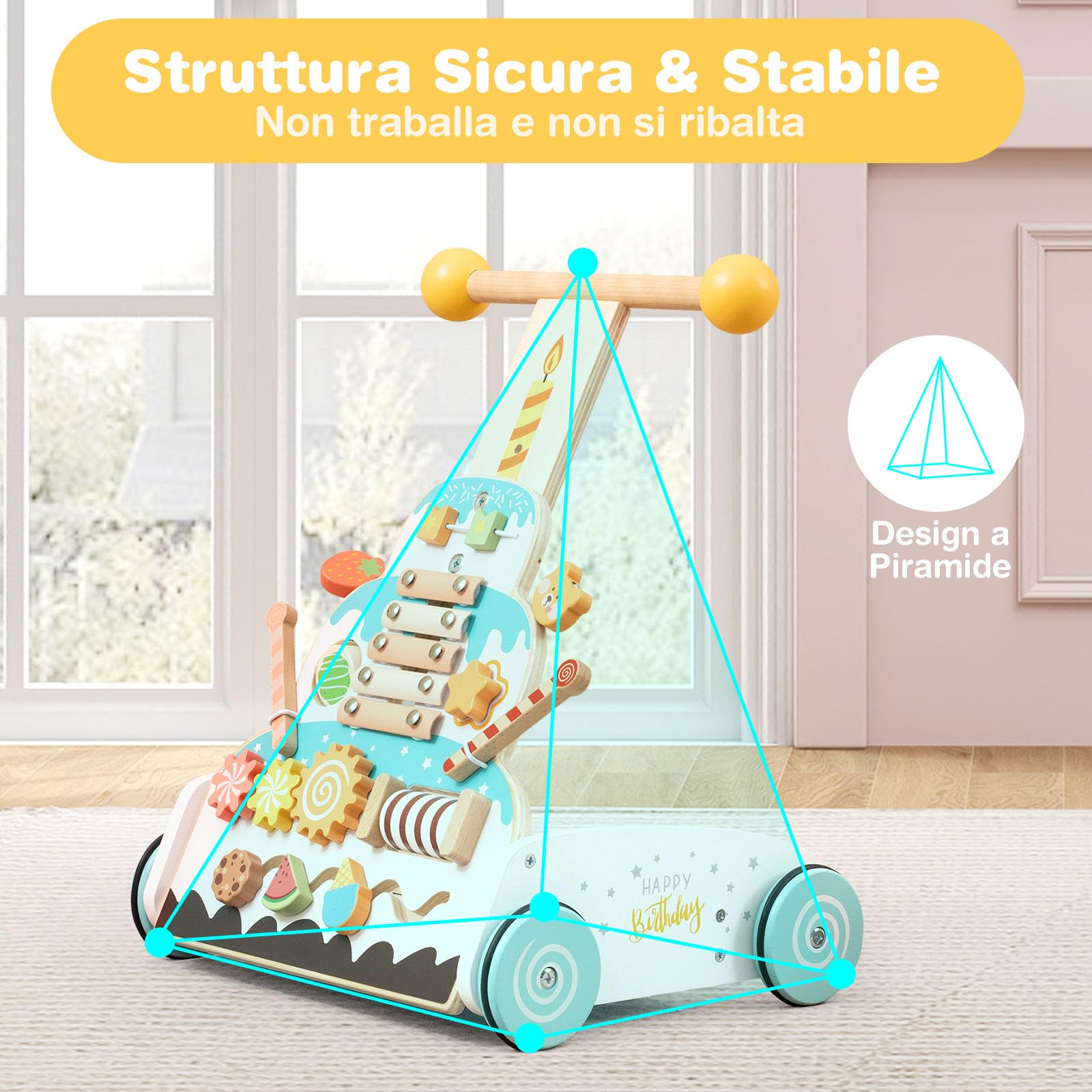 COSTWAY Carrello Primi Passi Spingitore Evolutivo Regolabile in Altezza | Girello in Legno con Xilofono, Blocchi Scorrevoli e Perline Mobili, Centro Attività per Bambini 1+ Anni