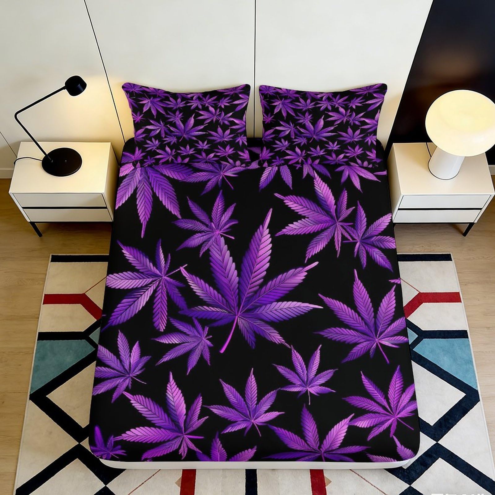 3D Printed Purple Cannabis Leaf Fitted Sheet Microfiber Soft Breathable Black Leaf Bed Cover for Bedroom Dormitory Guest Room Mattress Protection 90x200x25cm