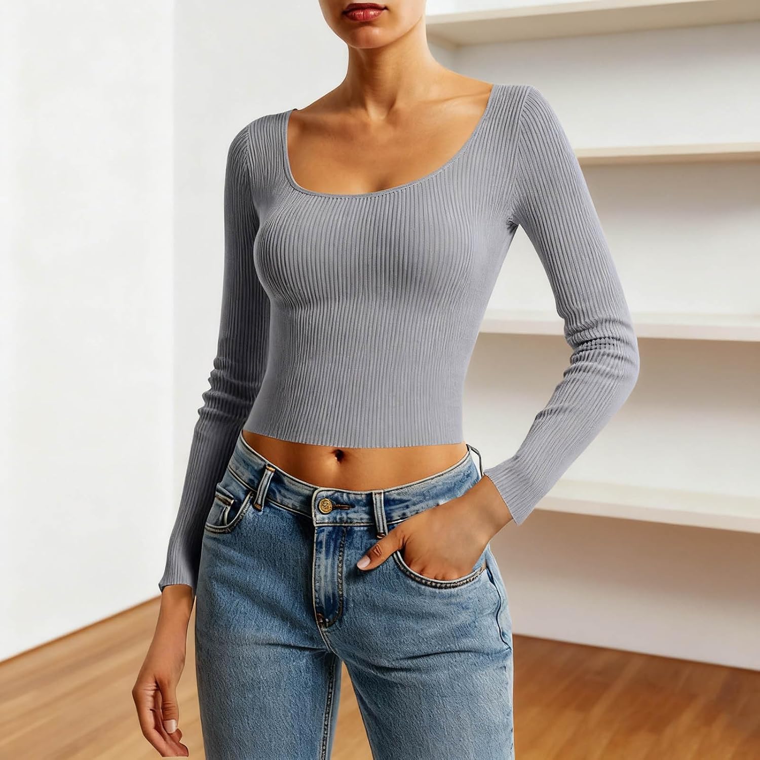 Womens Long Sleeve Shirts Scoop Neck Sexy Ribbed Knit Slim Fit Lightweight Sweater Fall Casual Going Out Crop Tops
