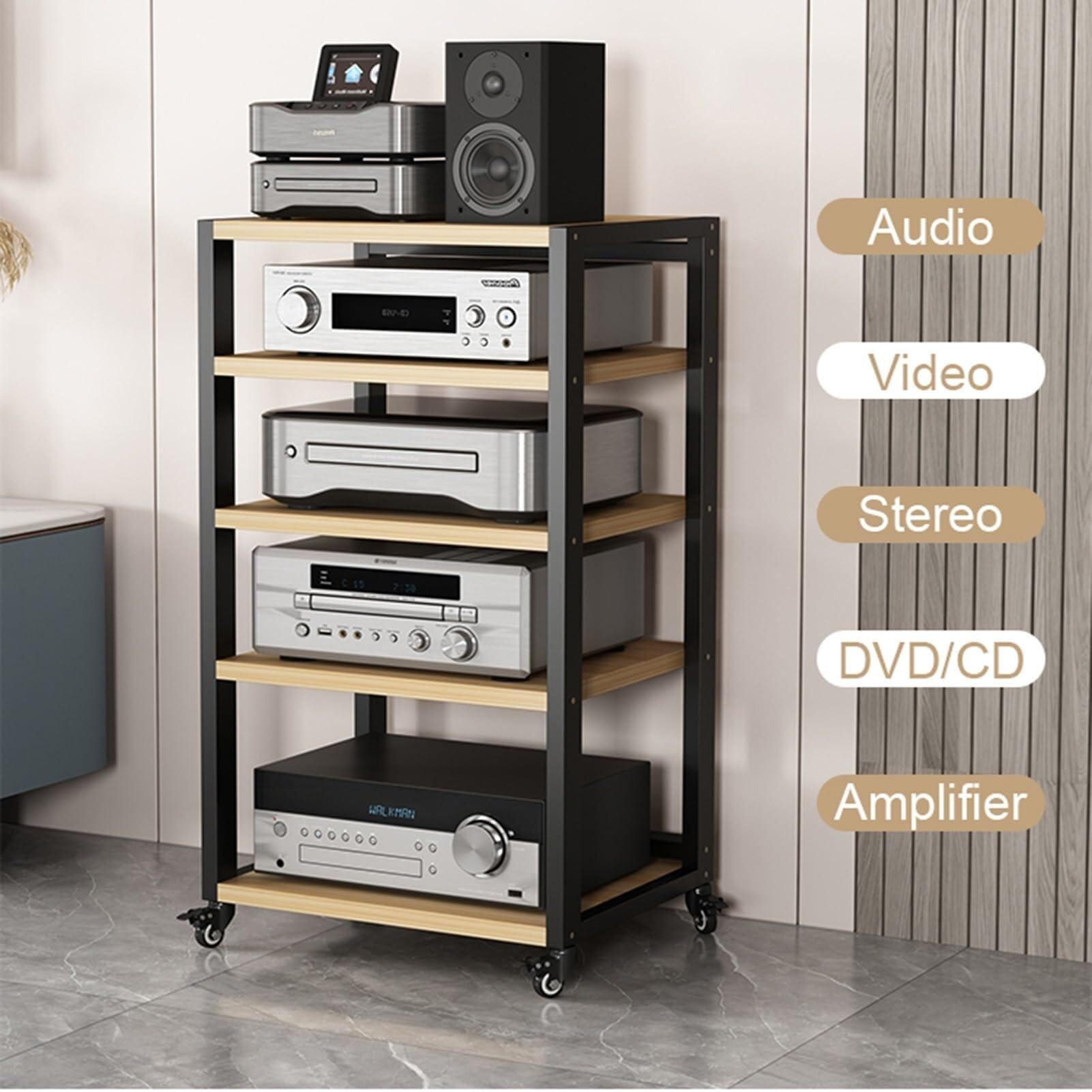 Estante rodante de 4 niveles para impresora, torre AV y HiFi para oficina en casa y sala de mamá, soporte abierto para impresora, sistema de sonido y Equint