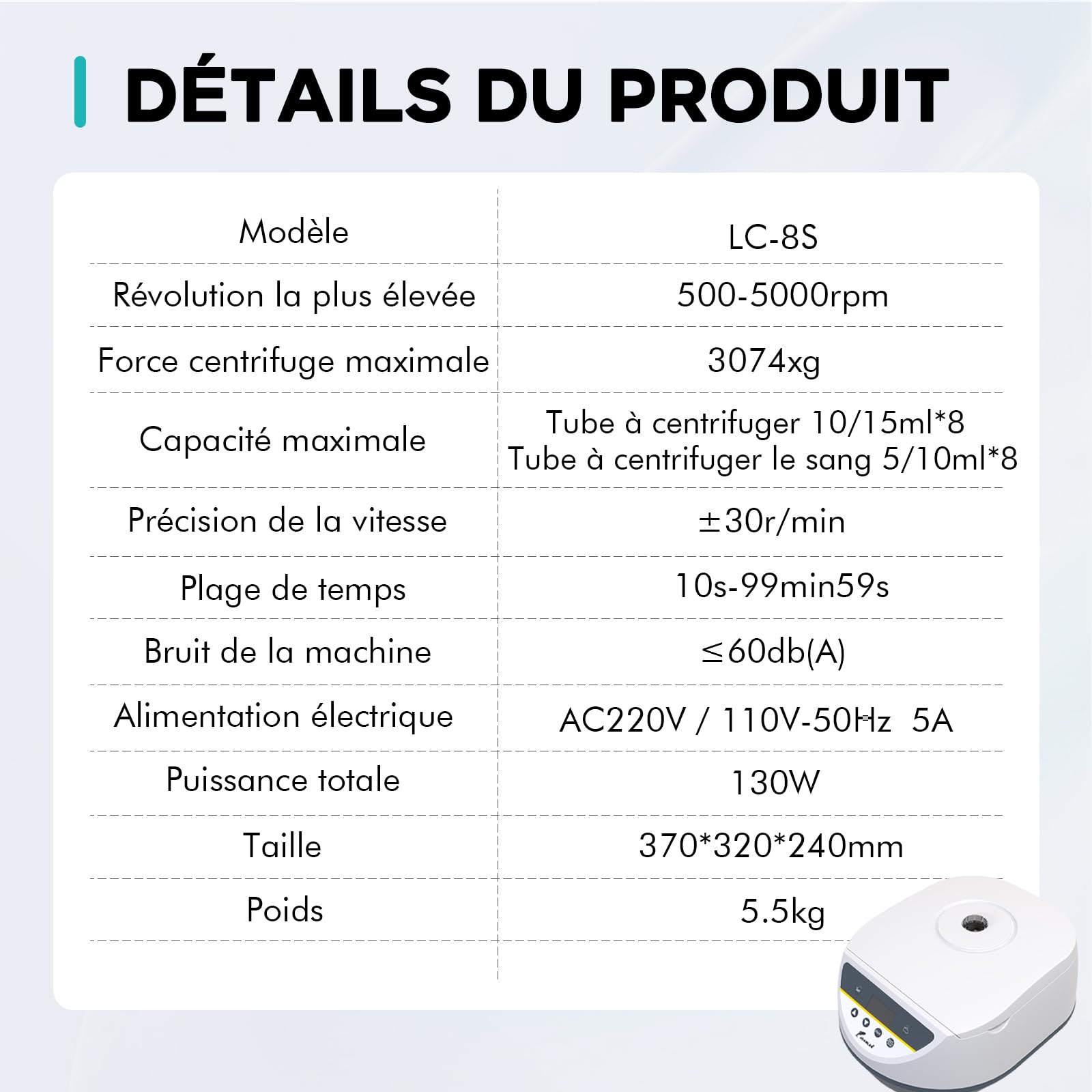 LAB FISH Centrifugeuse de Paillasse pour Tubes 2ml 5ml 10ml 15ml, 500-5000 tr/min Faible Vitesse, Force Max 3074 xg, Rotor 8 Places, Idéale pour PRP/PRF