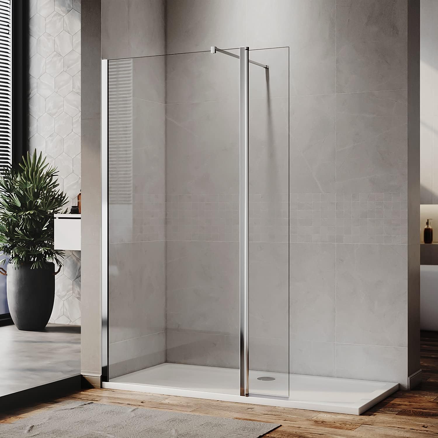 ELEGANT 760mm Frameless Wet Room Shower Screen Panel 8mm Easy Clean Glass Walk in Shower Enclosure with 300mm Return Panel and Support Bar