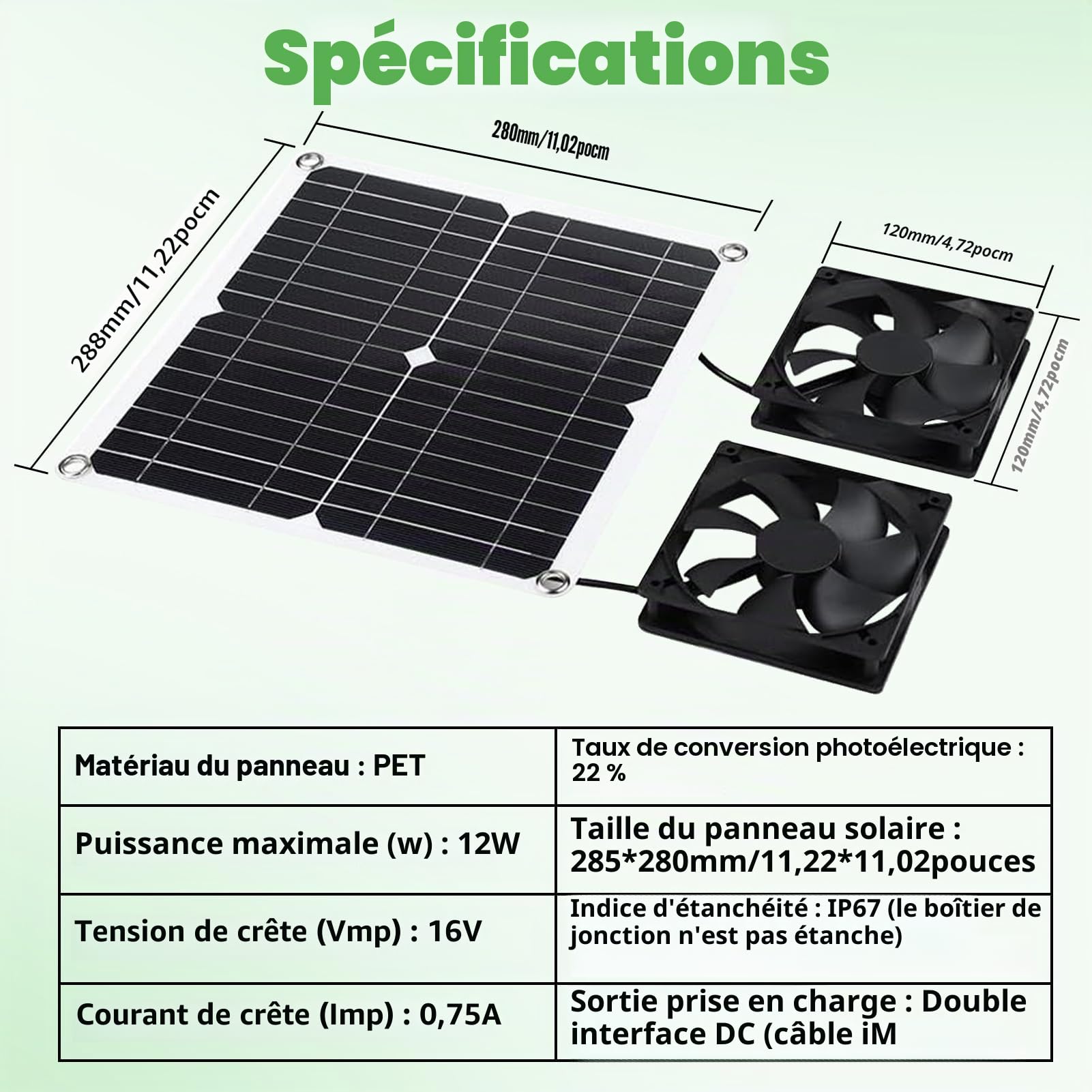 Ventilateur double panneau solaire 12 W, ventilateur d'extraction solaire, ventilateur solaire pour animaux de compagnie, serres, abris de jardin, ventilateur d'admission ou d'extraction