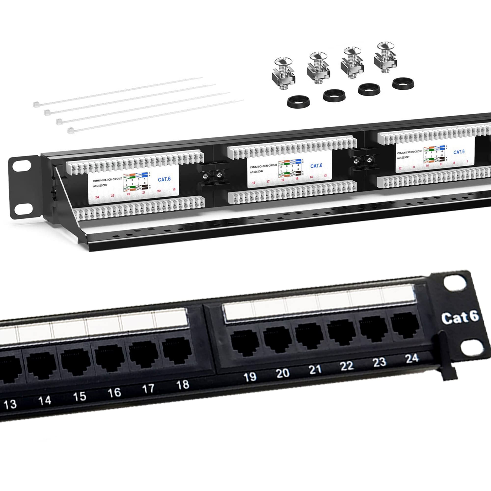 SkyQ24 Port Cat6 Patch Panel-19 inch,1U Rack Mount or Wall Mount RJ45 Ethernet 568A/B Keystone Termination.Gold Plated Contacts with Rear Cable Management Bar Suitable for Gigabit Applications