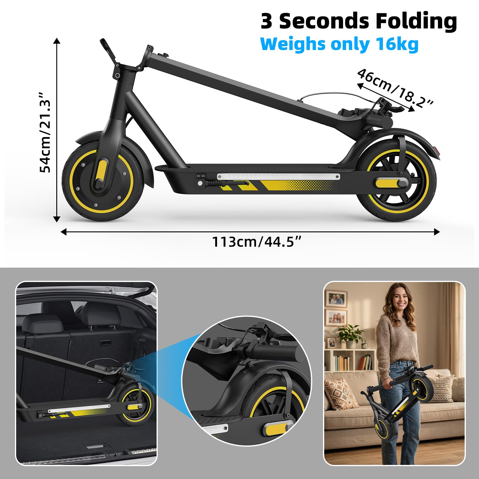 Patinete eléctrico para adultos, neumáticos neumáticos neumáticos de 10 pulgadas, patinete eléctrico 500 W, velocidad máxima 25 km/h, autonomía 40-45 km, batería 36 V 15 Ah, luces laterales RGB, Rough