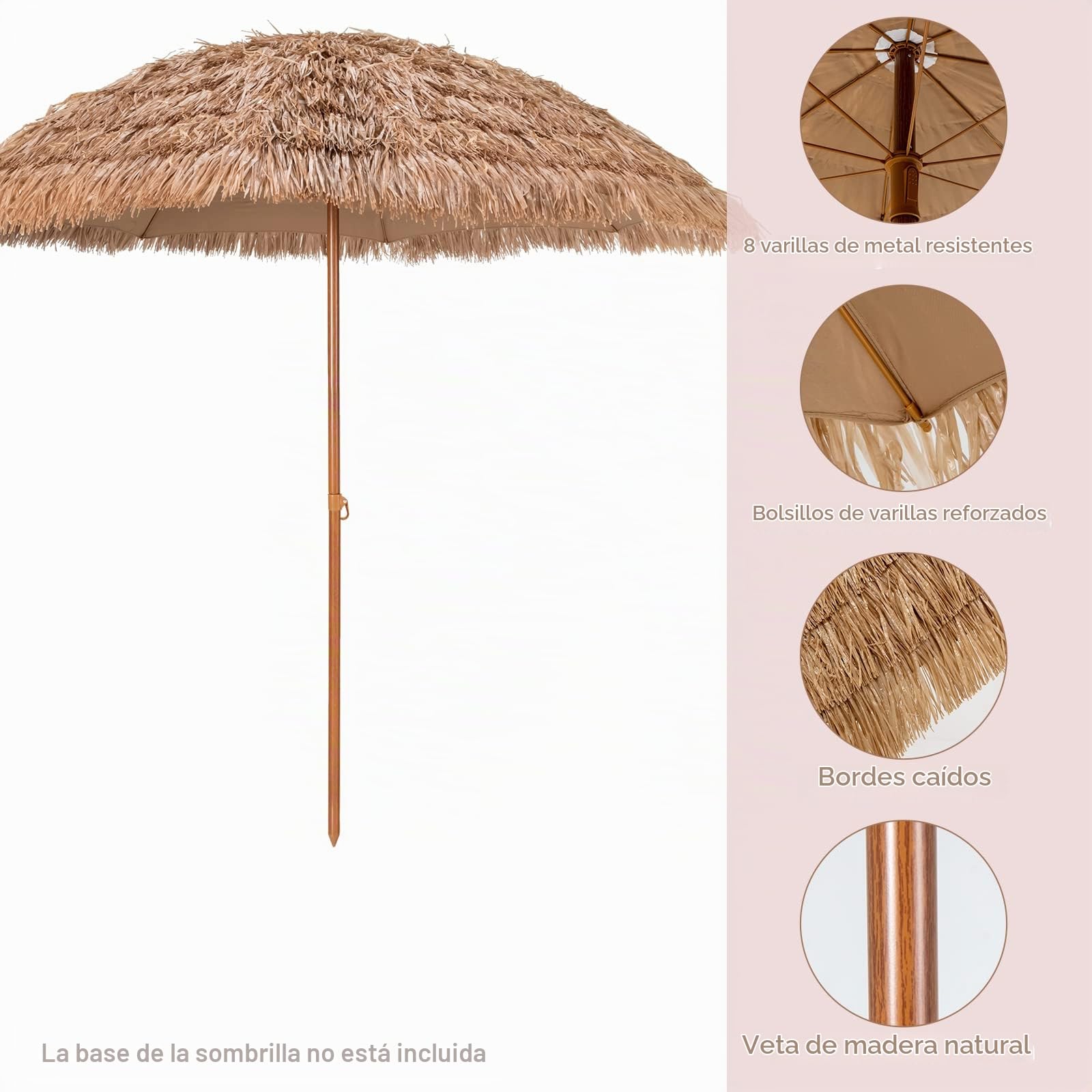KOMFOTTEU Sombrilla Hawaiana de Paja PP Ø 205 cm de Playa | Parasol Portátil con Botón de Presión y 8 Varillas de Metal, para Jardín, Balcón, Terraza, Natural