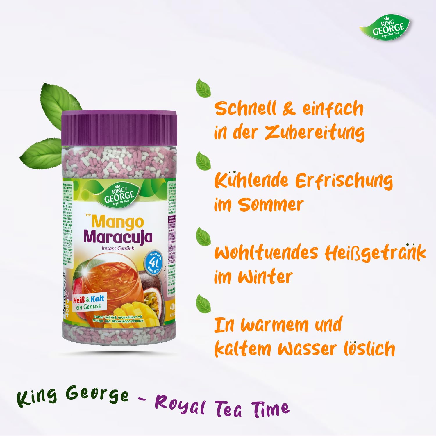 KING GEORGE - Royal Tea Time, sabor a maracuya, bebida instantánea de 6 x 400 g, 1 lata da hasta 4 litros de bebida refrescante caliente y fría