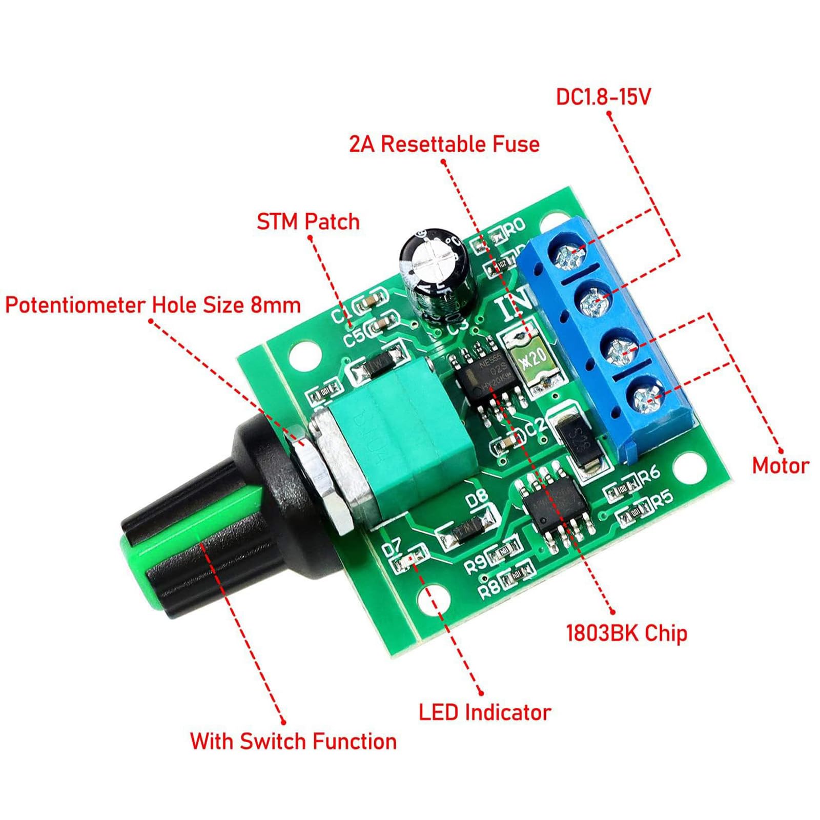 1803BK/B PWM Regolatore di velocità del motore - Ingresso CC 1,8-12 V, uscita massima 2A con manopola regolabile, per modellini di auto/robotica fai da te/giocattoli RC/progetti di