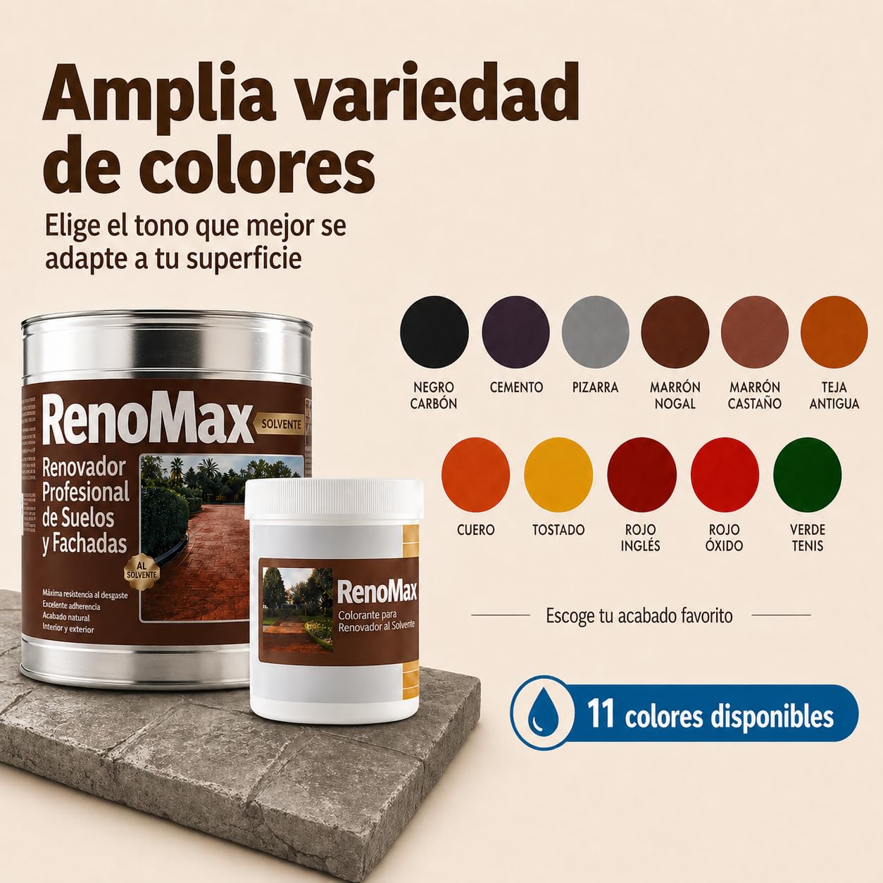 Renomax - Resina Hormigon Impreso y Superficies Porosas Al Disolvente + Tinte Hormigon Impreso Color Cuero, 5L Cubre hasta 50m² | Repara y Protege Suelos,Fachadas | Fácil de Aplicar, Garantía 5 Años