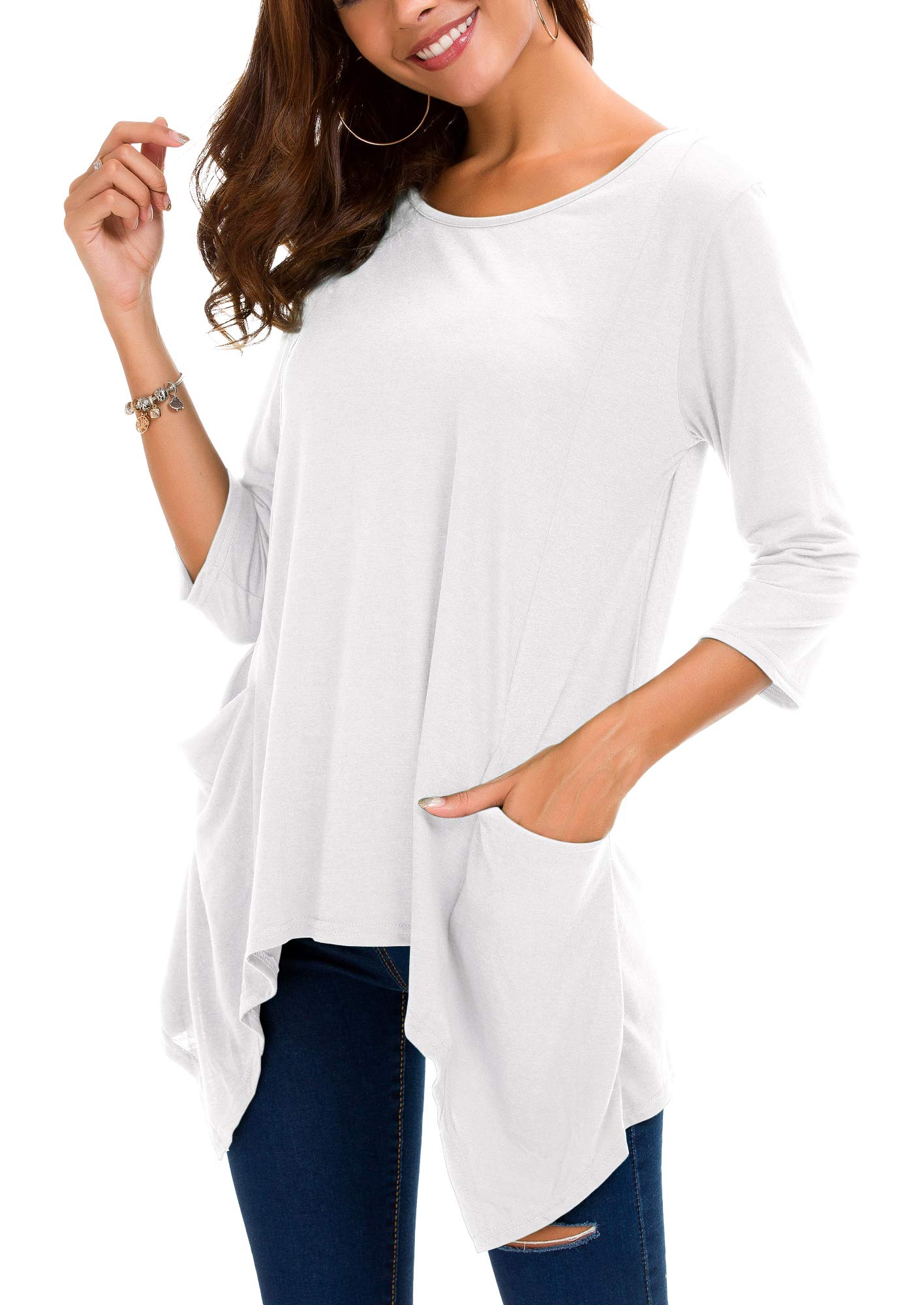 Urban CoCo Women's Plus Size 3/4 Sleeve Tunic Tops for Leggings Loose Pocket Shirt (3XL, White)