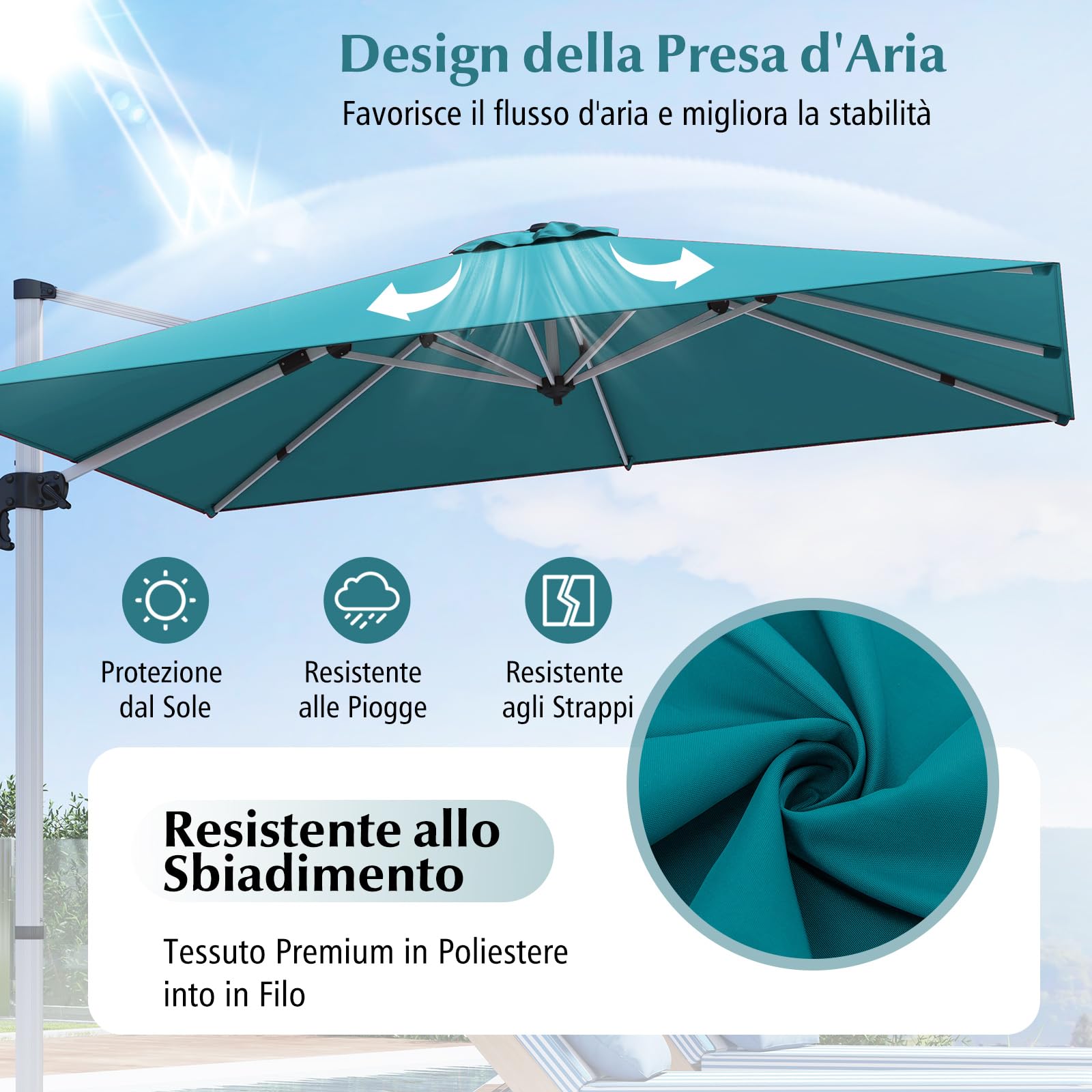 COSTWAY Ombrellone da Giardino 300 cm, Ombrellone Quadrato da Esterno con Rotazione a 360°, Inclinazione Regolabile, Base a Croce, 8 Stecche (Blu)