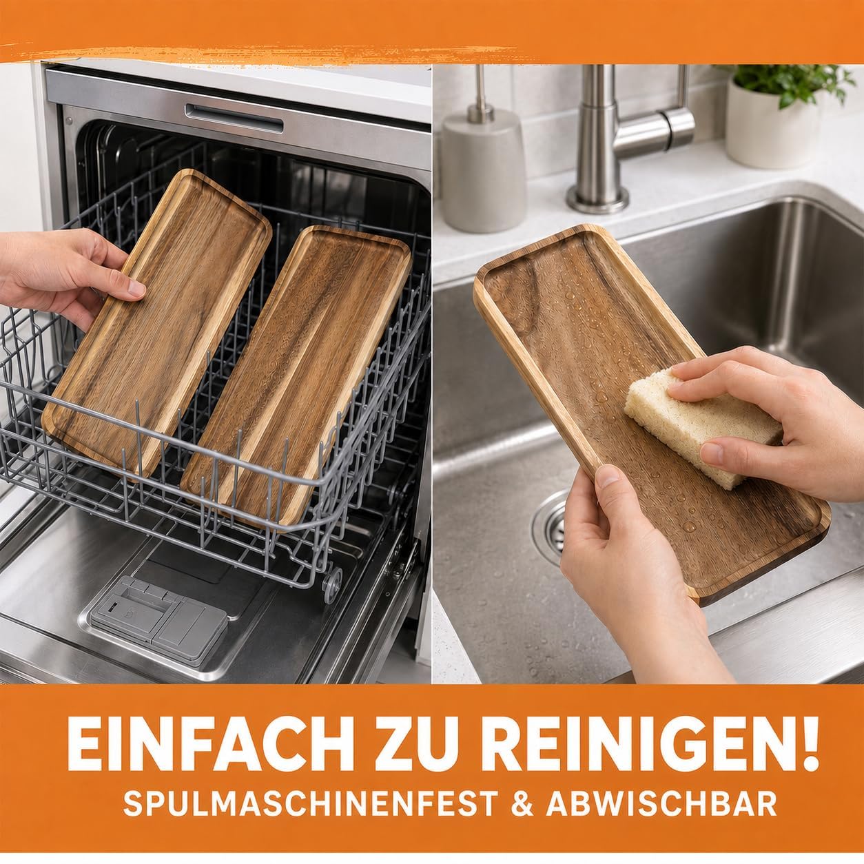 6 Stück Servierplatten aus Akazienholz, Rechteckige Holztabletts 35,5 x 14 x 1,5 cm, Holz Servierbrett für Käse, Snacks, Vorspeisen, Obst, Dessert, Charcuterie, Küche, Café und Party