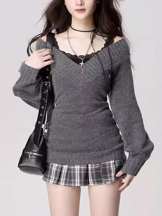 Misswddd Women's V-Neck Sweater, Knit Sewn Top, Rib Knit, Long Sleeve, Layered, Lace, Puff Sleeve, Tight, Autumn, Winter, Mass Production Type, Korean Style, Stylish, Cute, Loose, Soft