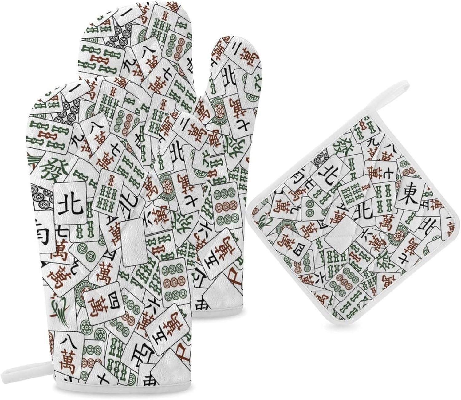 Mahjong Tiles Print Oven Mitts and Pot Holders 3 Piece Sets Heat Resistant Gloves Hot Pads Potholders for Kitchen Baking Cooking