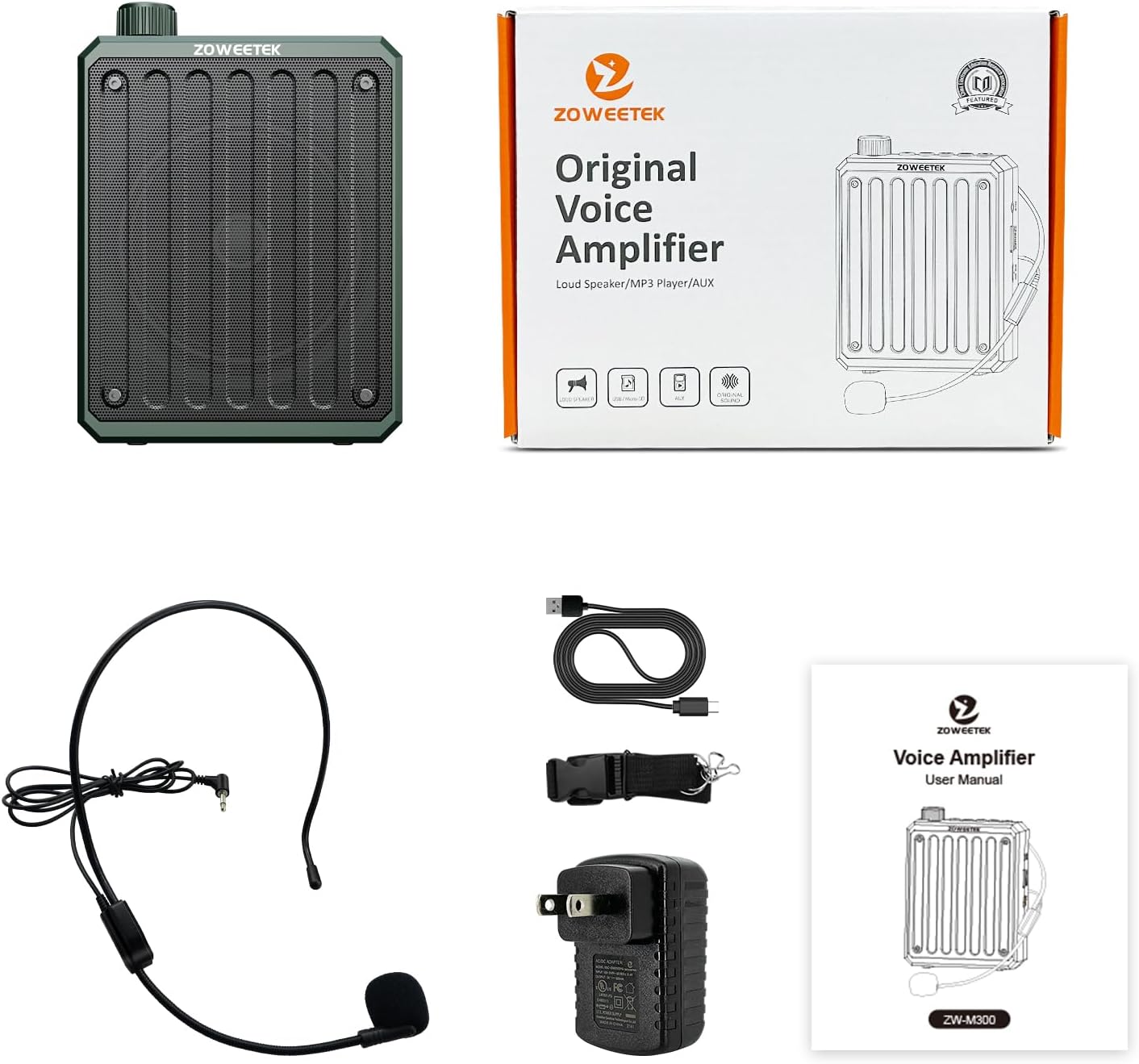 Contents of the ZOWEETEK Voice AmpКомплект усилителя, включающий в себя amplifier, wired microphone, charging cable, power adapter, and user manual.