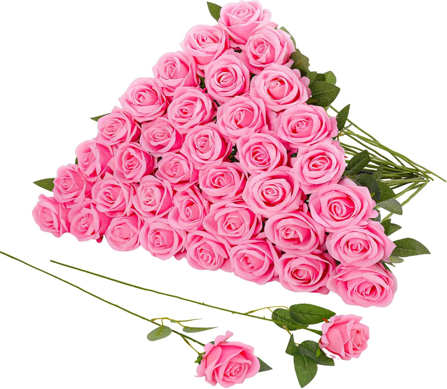 Hoemwarm 36 Pcs Pink Velvet Texture Soft Artificial Flowers Bridal Bouquet, Real Touch Fake Rose Long Stem Realistic Flowers Bulk for DIY Wedding Ball Arrangement Centerpiece Party Home Decor