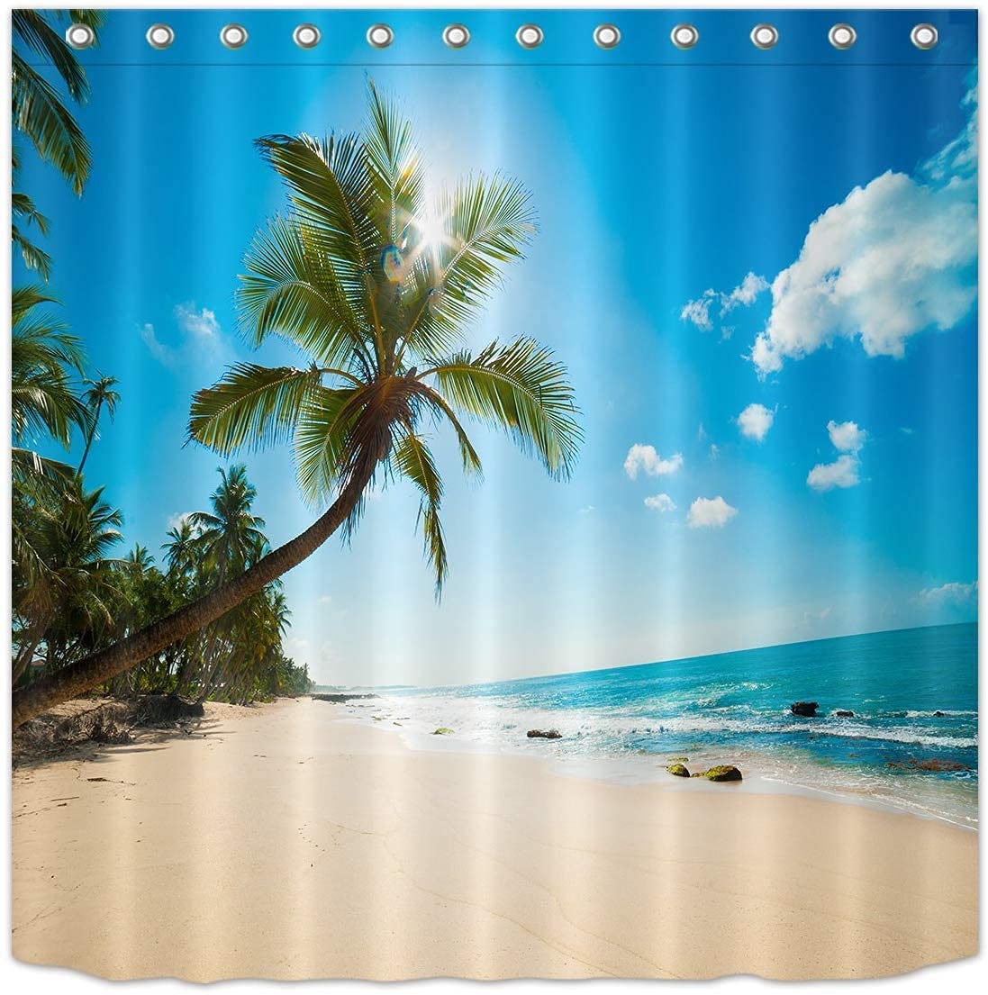 Dzmaimo Color-1 Beach Coastal Shower Curtain, Blue Waves By The Sea, Palm Tree Vacation Print Beach Scene Shower Curtain Waterproof Fabric Including Twelve Plastic Hooks 60X72"(W*H)