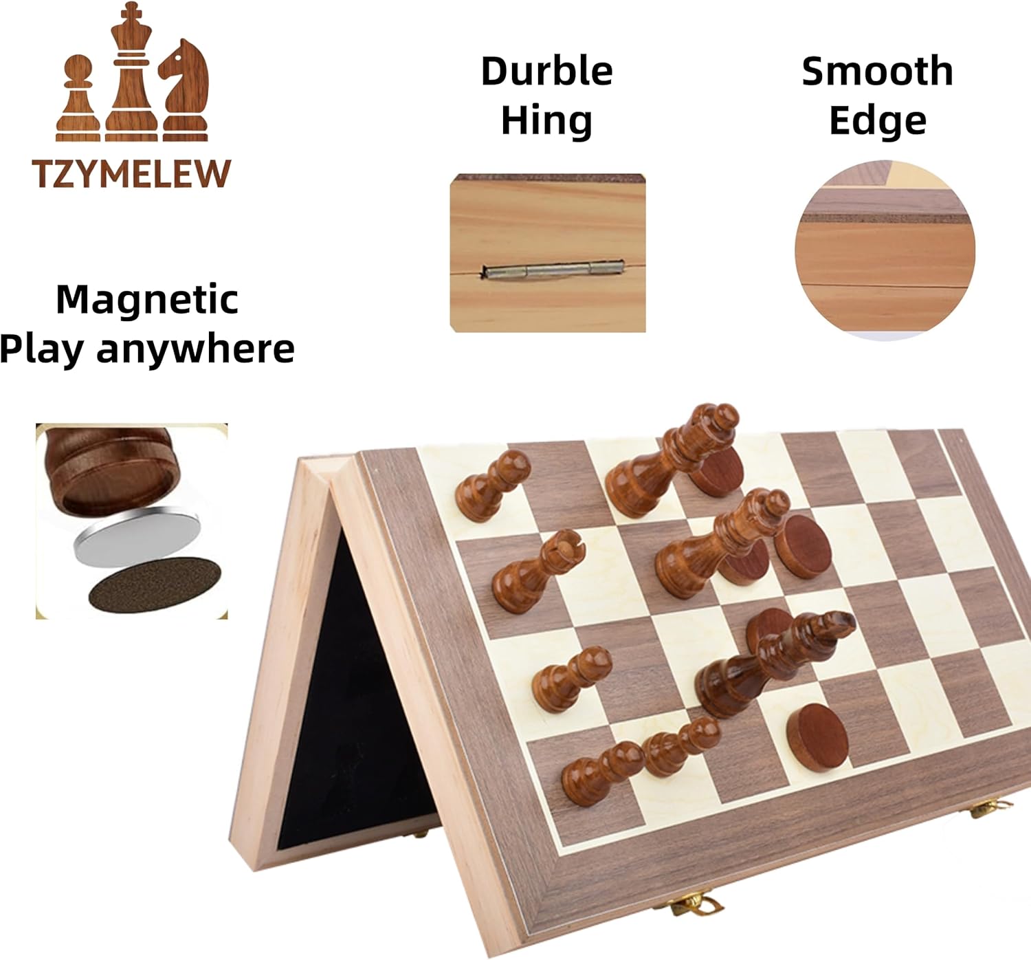 Magnetic Chess Set 15 inch, Wooden Foldable Chess & Checkers Board Game with Storage, 2-in-1 Family Game for Kids Adults, Portable Travel Chess Board for Gifting