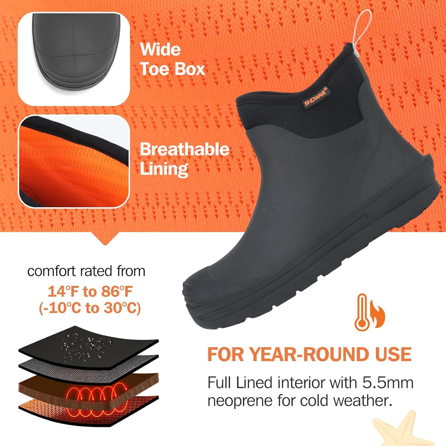 Showave Kid's Rain Boots Waterproof Short Rubber Boots for Boys Girls Non-slip Ankle Mud Boot Durable Insulated Neoprene Booties Outdoor All Season