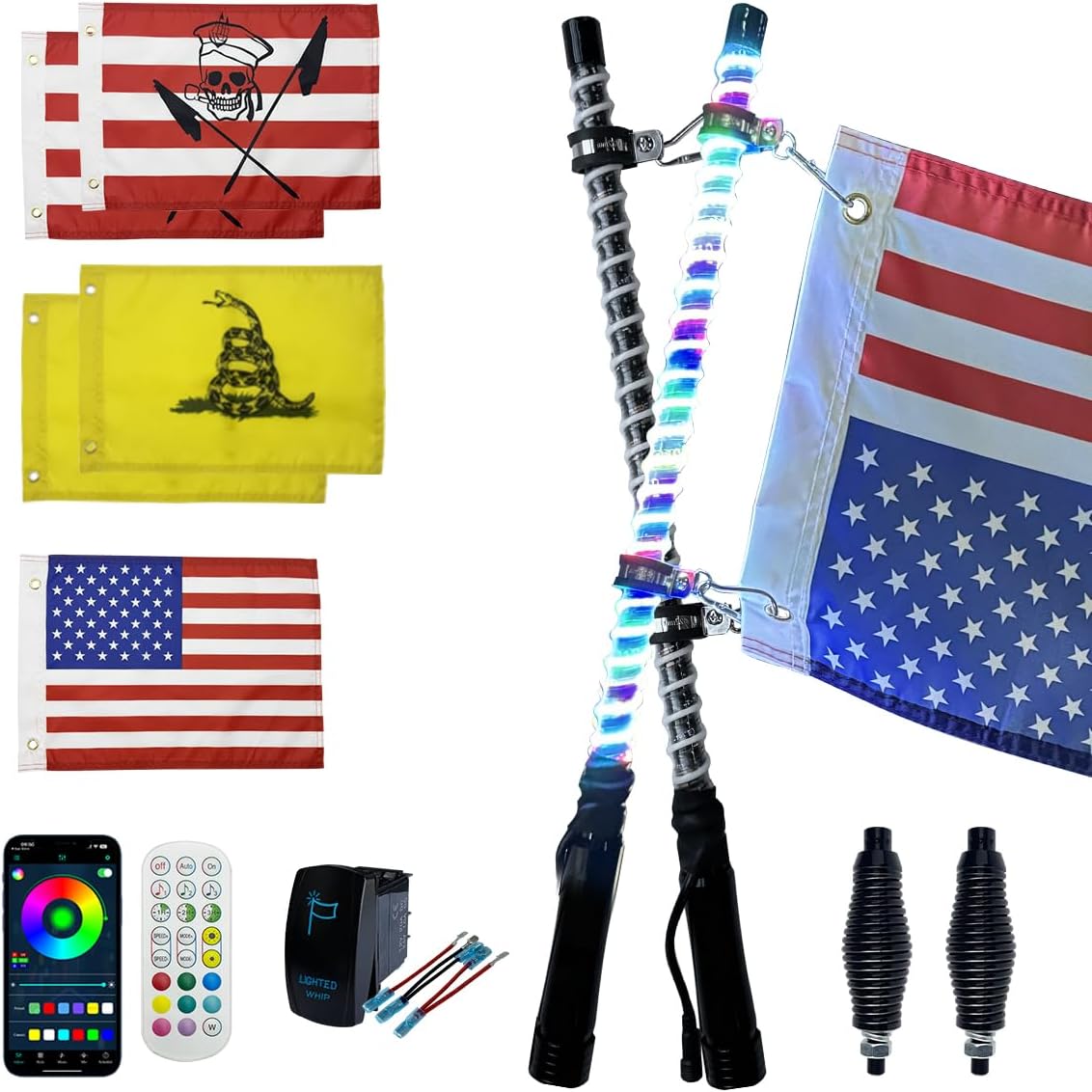 2 Pack 2ft COB LED Whip Lights with APP & Remote, ATV Whip Lights for Side by Side Slim Spiral RGB Chasing Lighted Whips with Rocker Switch for RZR Can-Am SXS Polaris Offroad Truck (COB 2FT 2PACK)