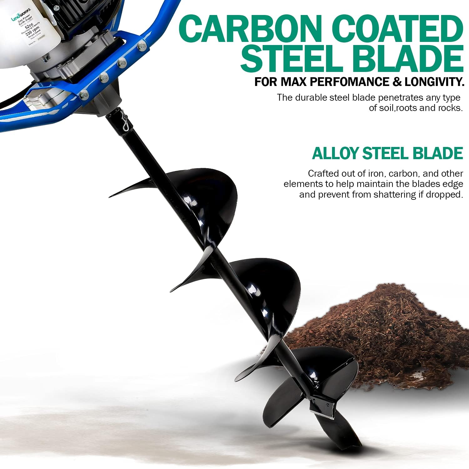 Landworks Earth Auger Power Head Heavy Duty 3HP 52cc 2 Stroke Gas Engine w/Steel 8"x30" Bit w/Fishtail One Man Post Hole Digger for Planting, Earth Burrowing/Drilling & Fences EPA/CARB Compliant : Patio, Lawn & Garden