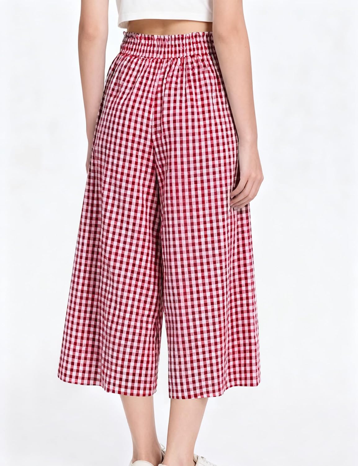 Rapbin Wide Leg Capri Pants for Women Gingham Striped Culottes Flowy Elastic Waist Cropped Palazzo Pants with Pockets - Image 3
