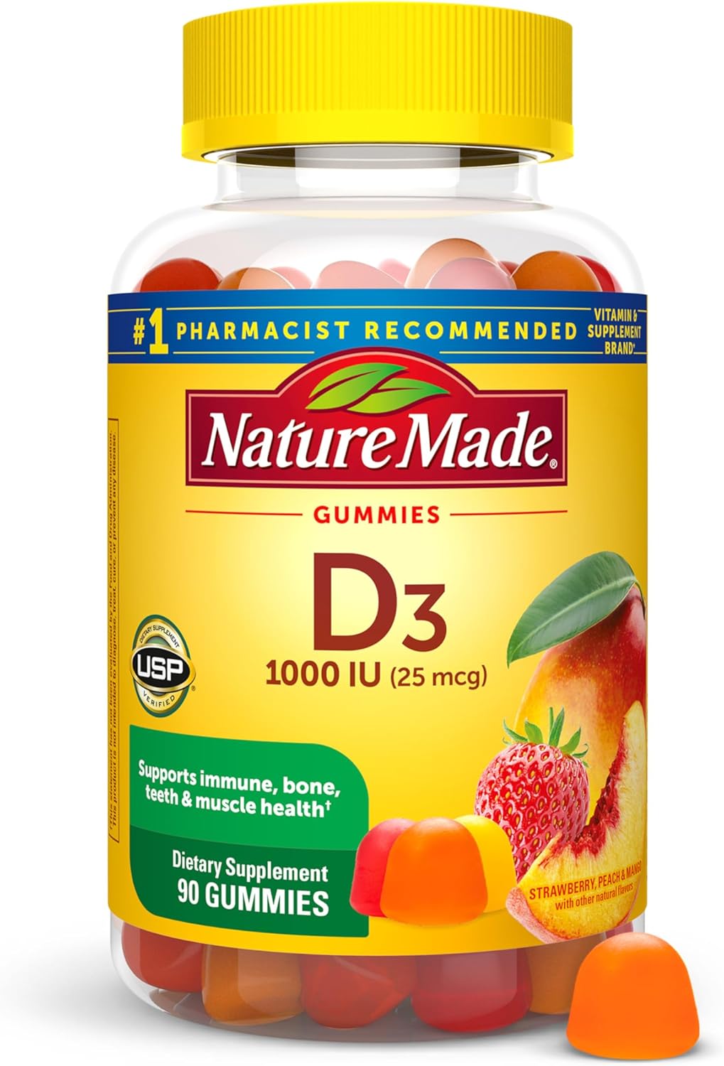 Nature Made Vitamin D3 1000 IU Gummies: Gluten-Free, 90-Count for Bone, Teeth, Muscle and Immune Support