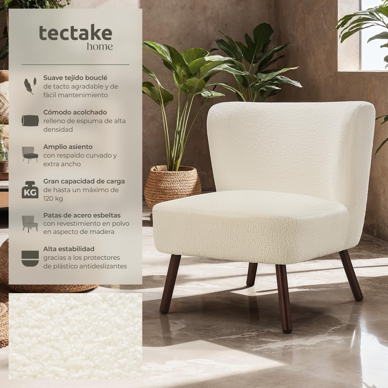 tectake® Sillon de Cóctel Acolchado, Respaldo Curvado Extragrande, Patas de Acero, Sillon Relax, Butacas de Salon, Muebles de Salon, Butaca, Sillón Orejero - Bouclé Blanco Roto