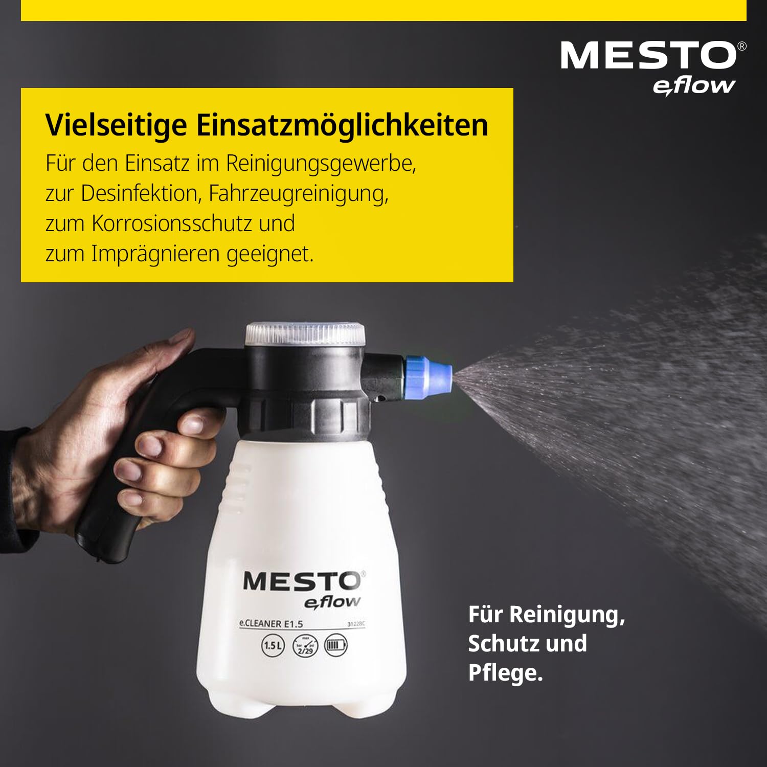 MESTO e.Cleaner E1.5 Akku-Drucksprüher 1,5L | Akku Drucksprühgerät 2 bar | Drucksprüher elektrisch für Reinigung | Drucksprühflasche für leicht alkalische Flüssigkeiten & Laugen | inkl. USB-C Kabel
