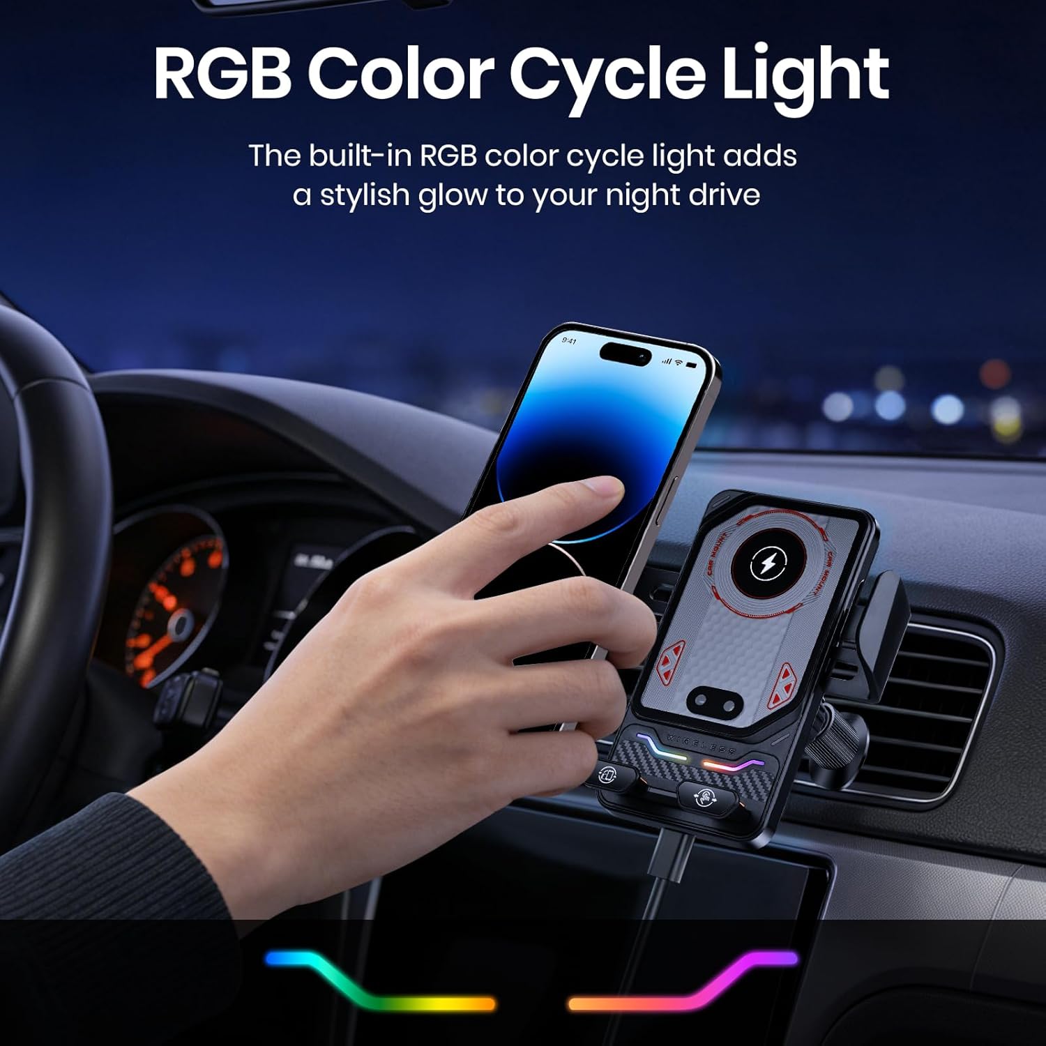 Car Phone Charger Holder, Smart Auto-Clamping Fast Charging Car Phone Holder with Atmosphere Lights, Rotating Air Vent Mount Compatible with All Smartphones (Black)