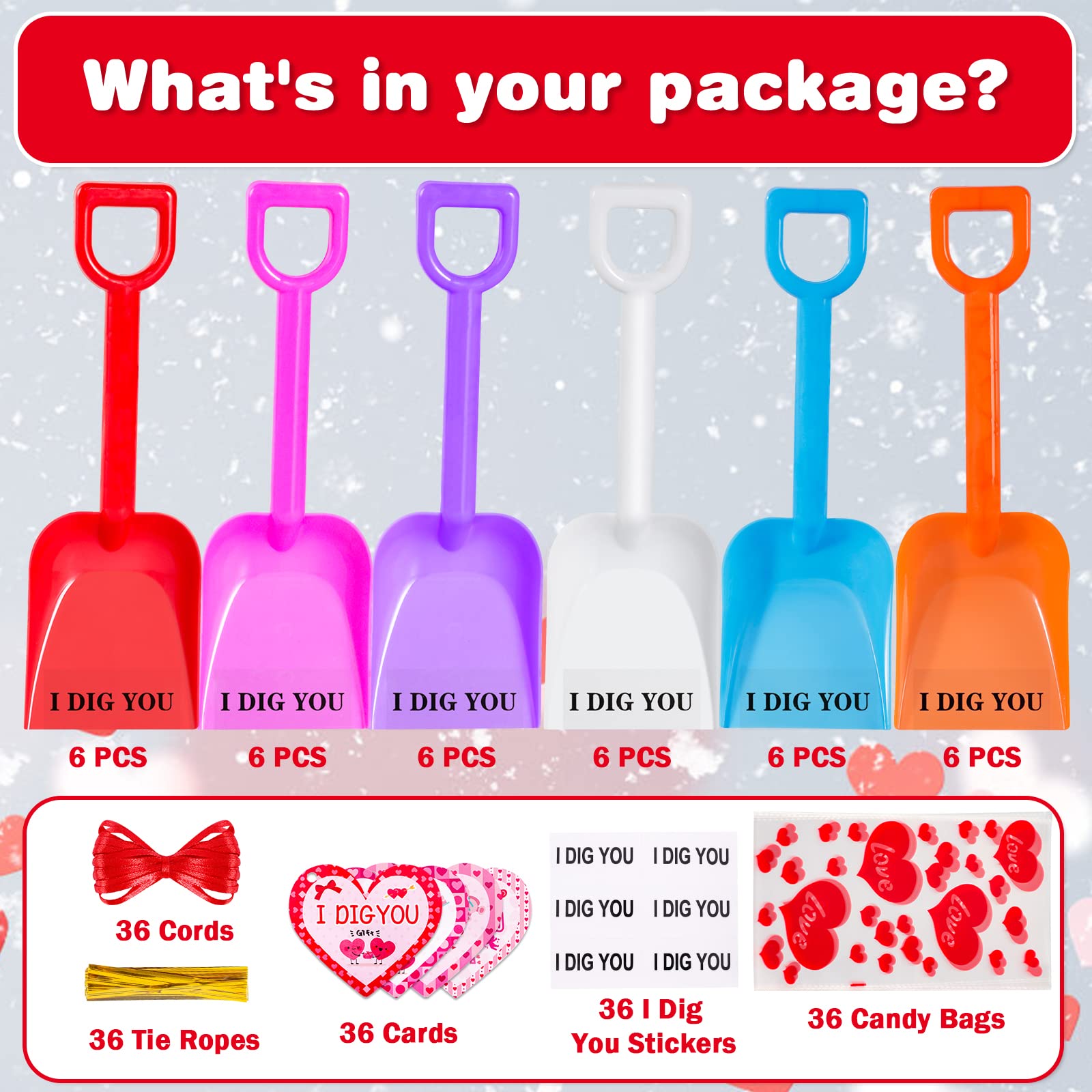 MGparty 36Pack Plastic Shovels for Valentines Day with I Dig You Stickers, Candy Gift Bags, Gift Cards, Toy Shovels for Kids Valentine's Day Gifts, Classroom Exchange Prizes, Party Favor Treat